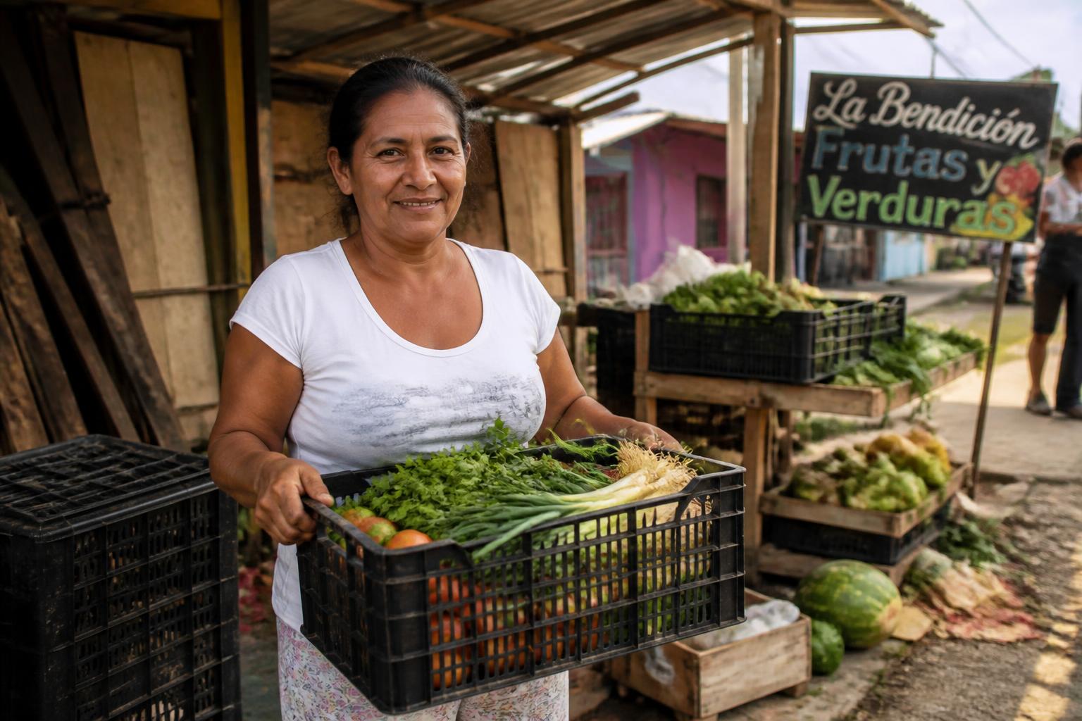 Microempresaria colombiana reorganizando su puesto de frutas y verduras